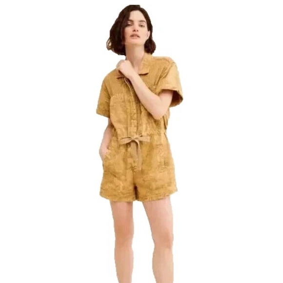 Free People Rhodes Chino Shorts Coverall Sz XS Color Khaki Romper Linen‎ Blend - Picture 1 of 8